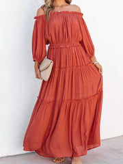 Ruffle Trim Off Shoulder Long Sleeve Maxi Dress