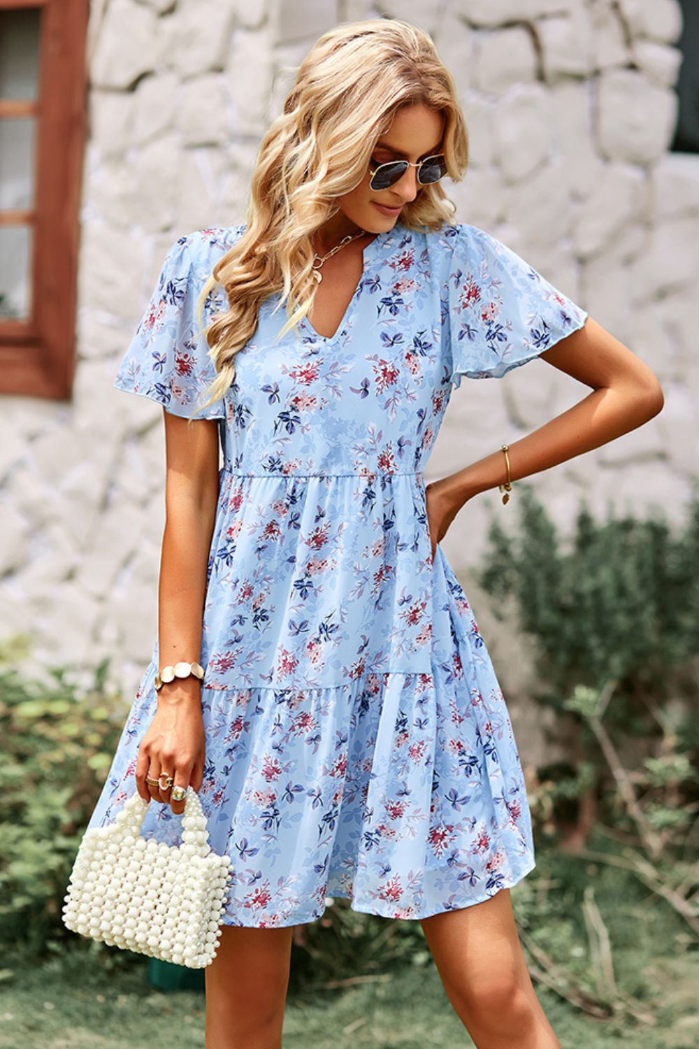 Floral Notched Flutter Sleeve Mini Dress