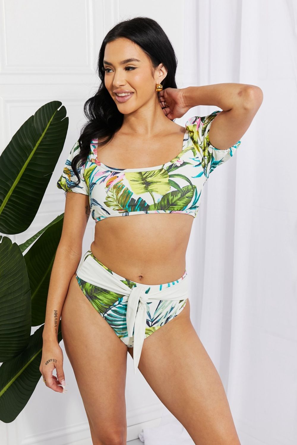 Bikini cu mâneci bufante Swim Vacay Ready, cu flori