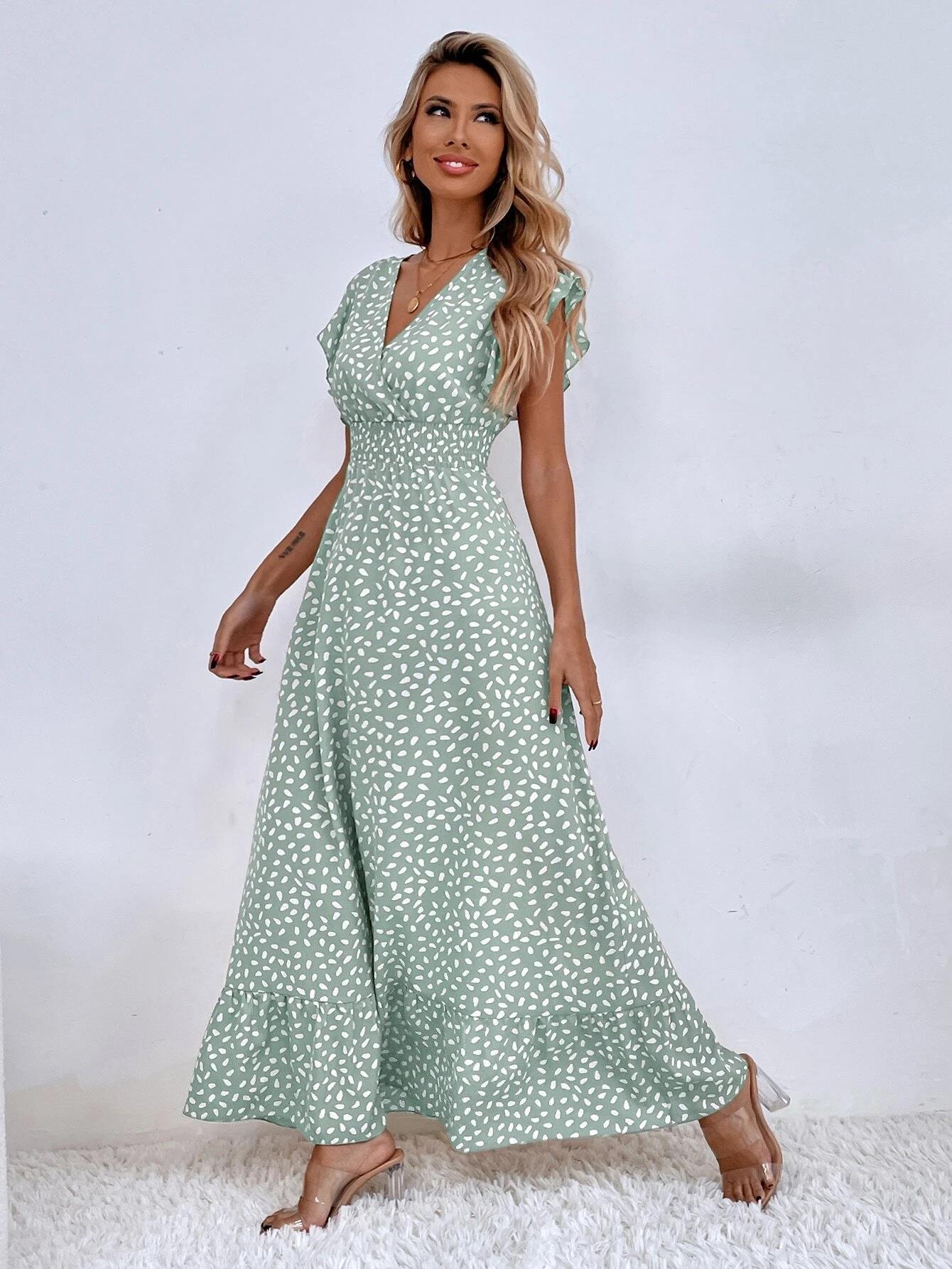 Polka Dot Ruffle Sleeve V-Neck Maxi Dress