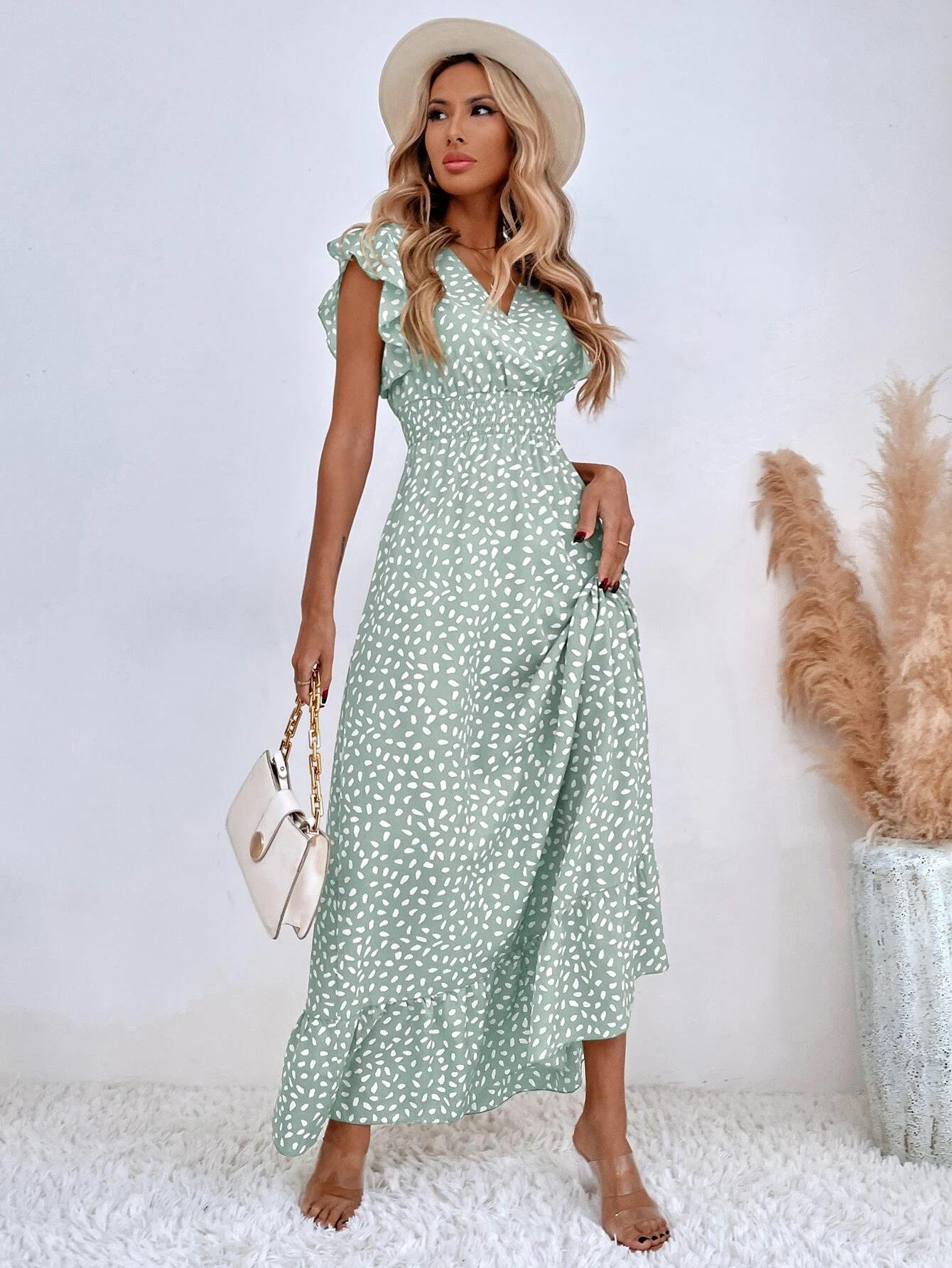 Polka Dot Ruffle Sleeve V-Neck Maxi Dress