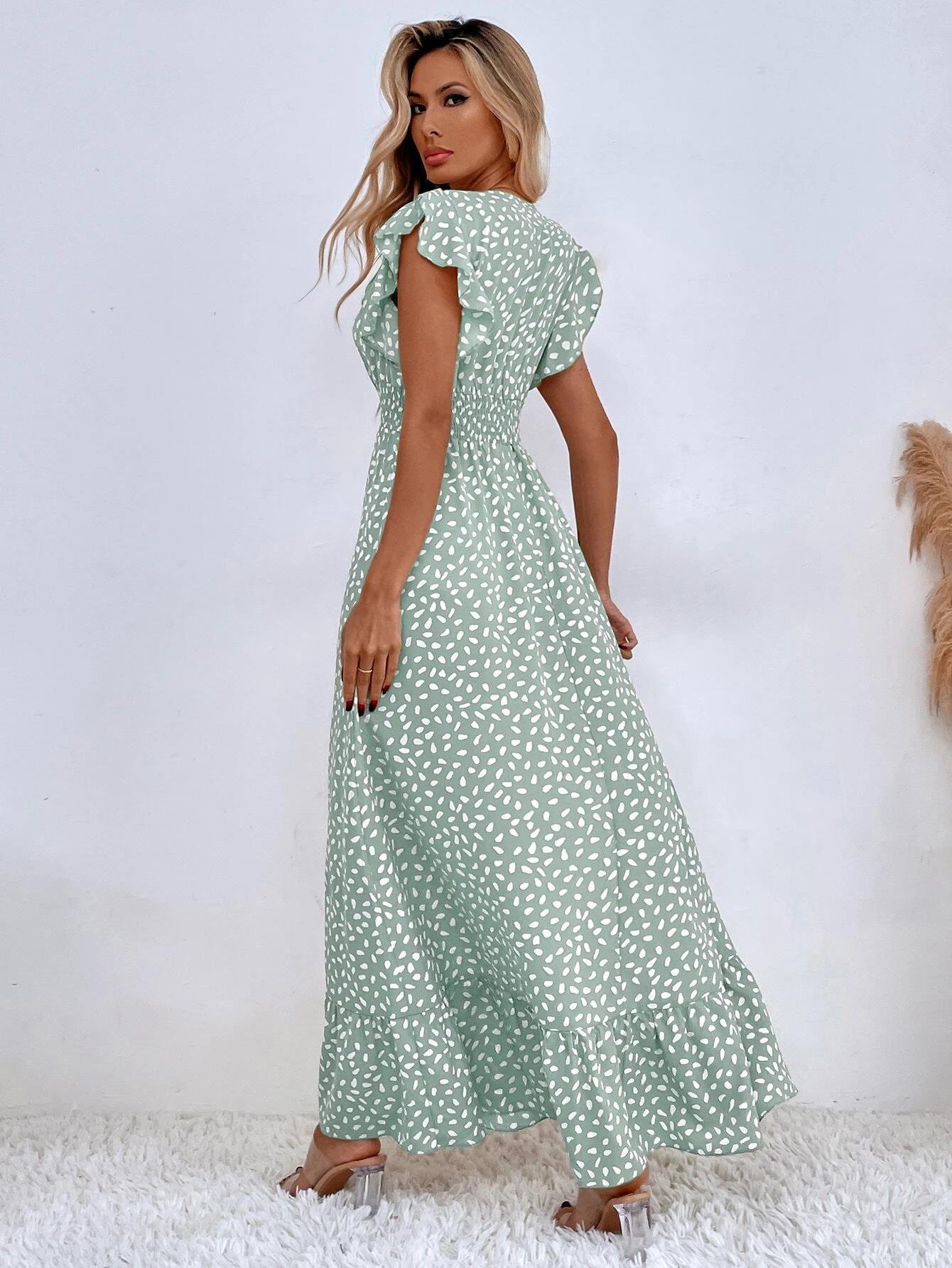 Polka Dot Ruffle Sleeve V-Neck Maxi Dress