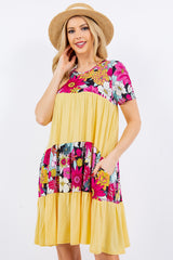 Celeste Full Size Color Block Floral Round Neck Short Sleeve Dress