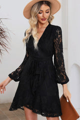 Pompom Trim Puff Sleeve Belted Lace Dress