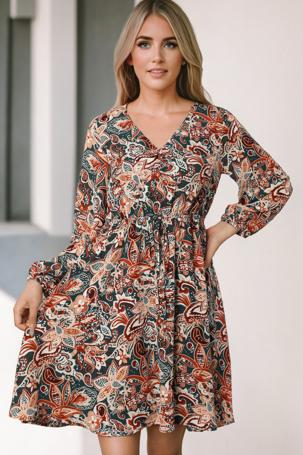 Bohemian Floral Print Long Sleeve V-Neck Dress