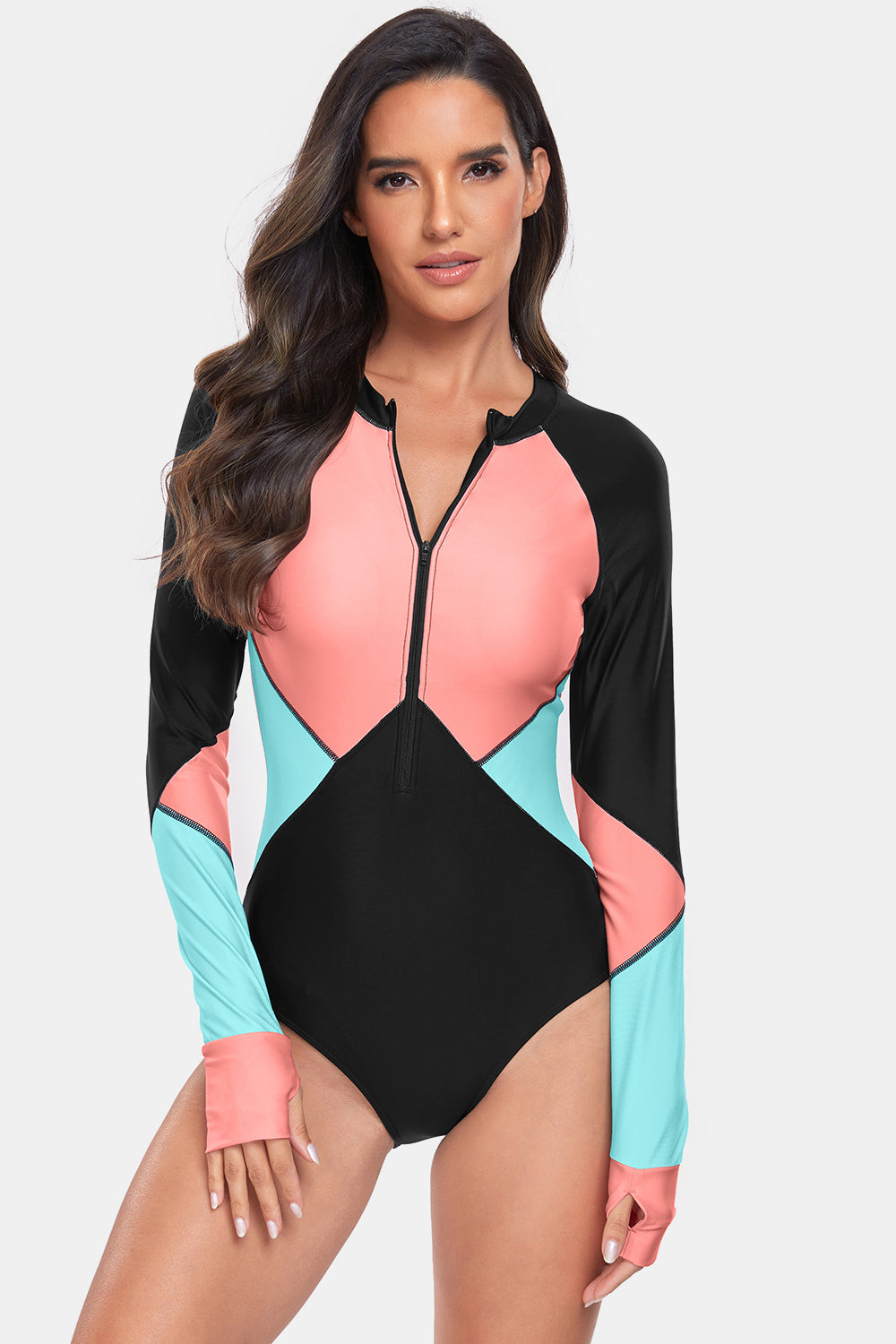 Color Block Half Zip Long Sleeve One-Piece Swimwear