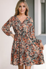 Bohemian Floral Print Long Sleeve V-Neck Dress