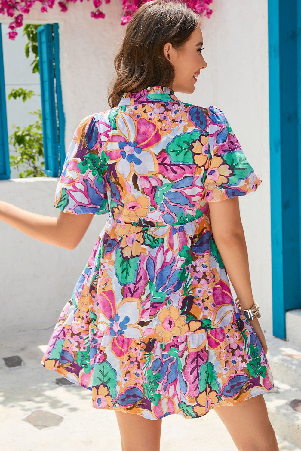 Floral Notched Neck Ruffle Hem Dress