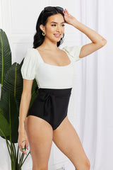 Swim Salty Air Puff Sleeve One-Piece in Cream/Black