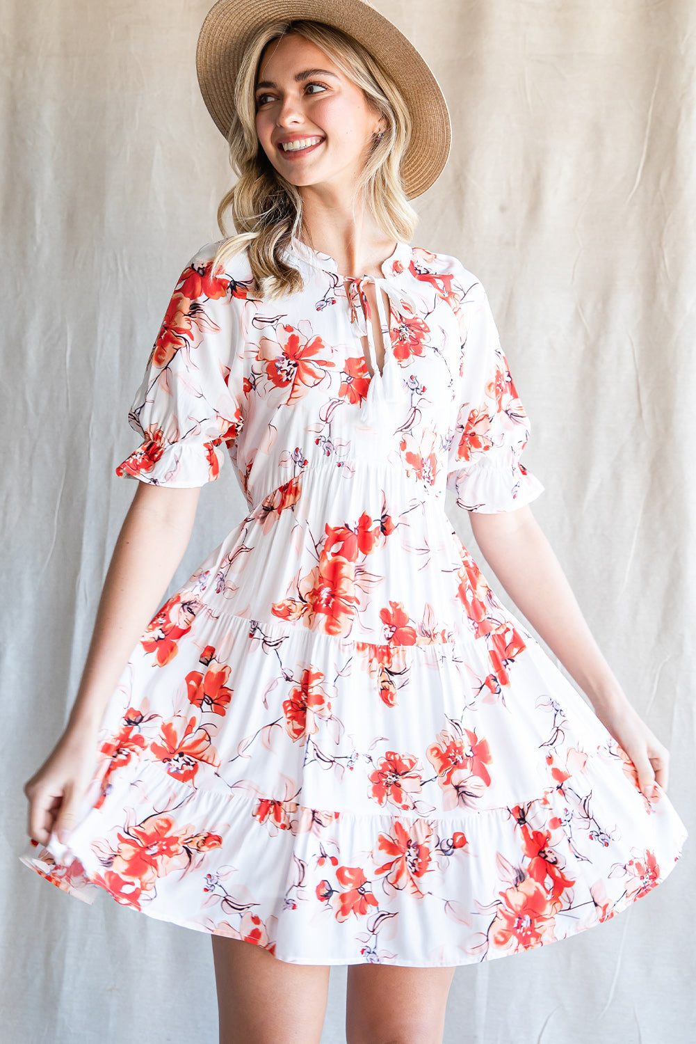 Floral Tie Neck Flounce Sleeve Tiered Mini Dress