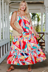 Plus Size Printed Tie Straps Straight Neck Maxi Dress