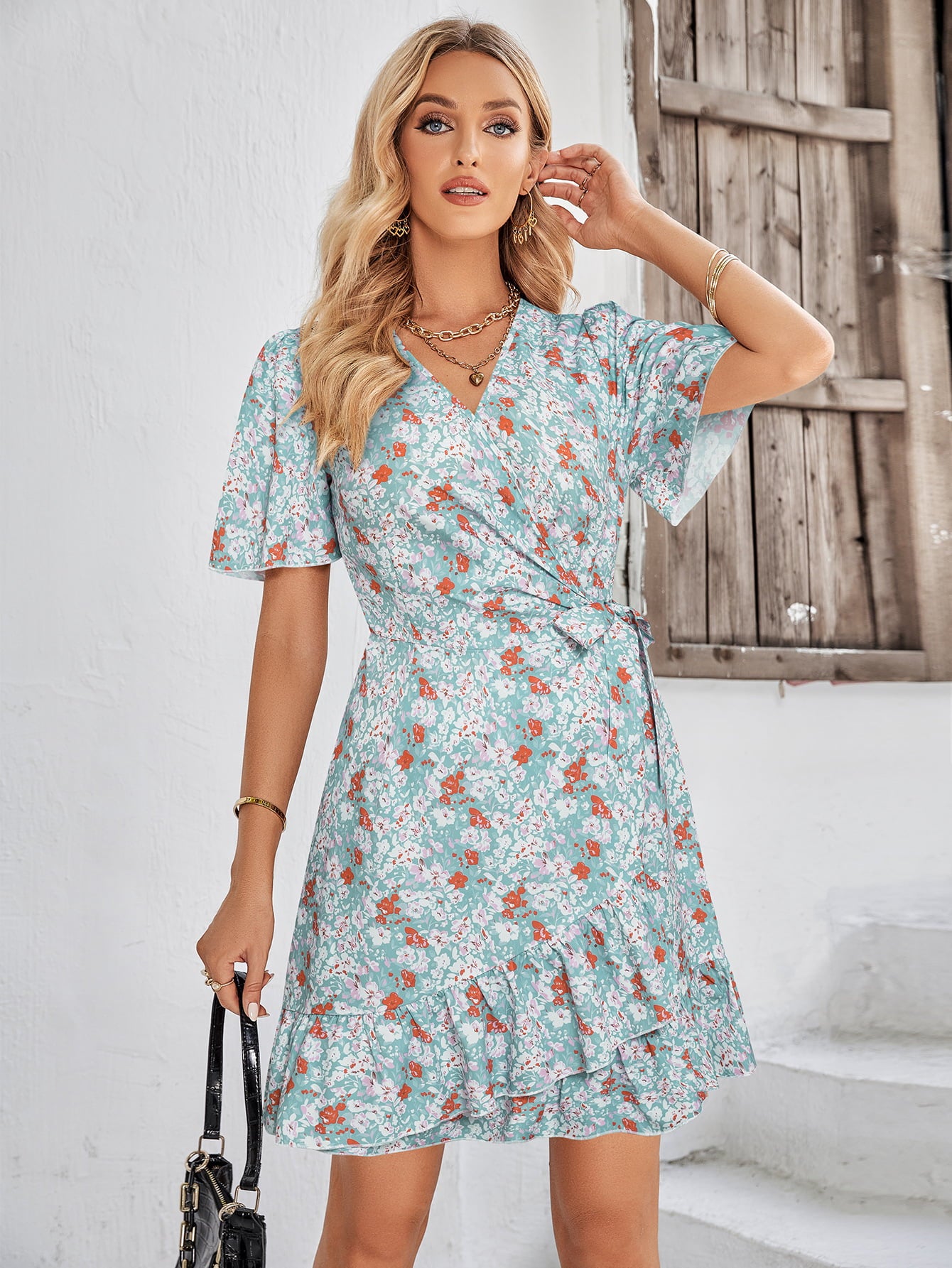 Floral Short Sleeve Ruffle Hem Dress