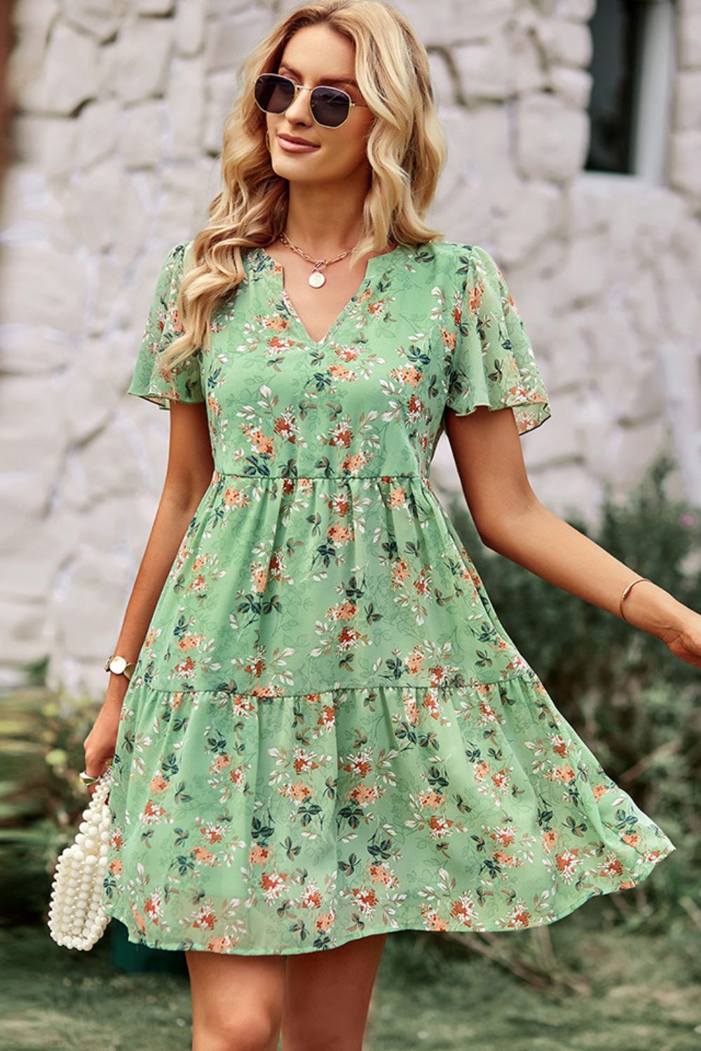 Floral Notched Flutter Sleeve Mini Dress