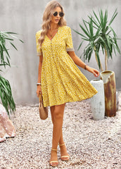 Floral Buttoned Puff Sleeve Dress