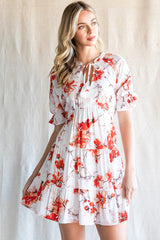 Floral Tie Neck Flounce Sleeve Tiered Mini Dress