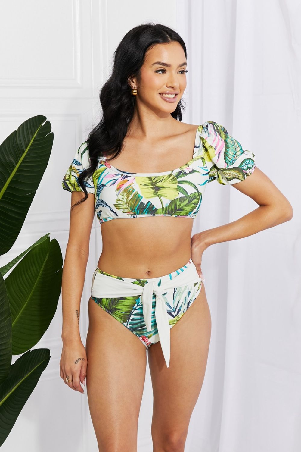 Bikini cu mâneci bufante Swim Vacay Ready, cu flori