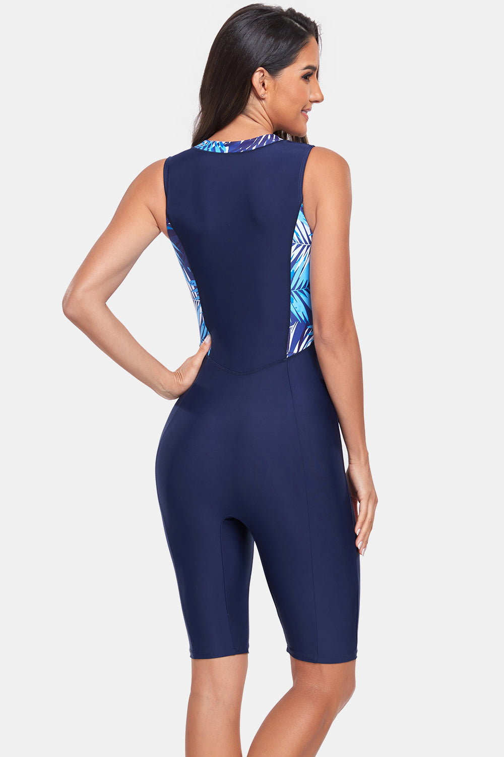 Printed Half Zip Sleeveless One Piece Swimwear