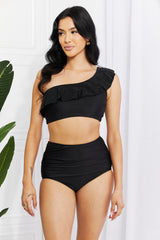 Swim Seaside Romance Ruffle One-Shoulder Bikini in Black