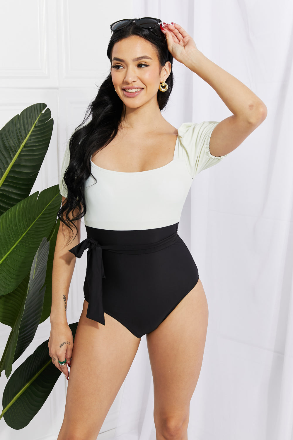 Swim Salty Air Puff Sleeve One-Piece in Cream/Black