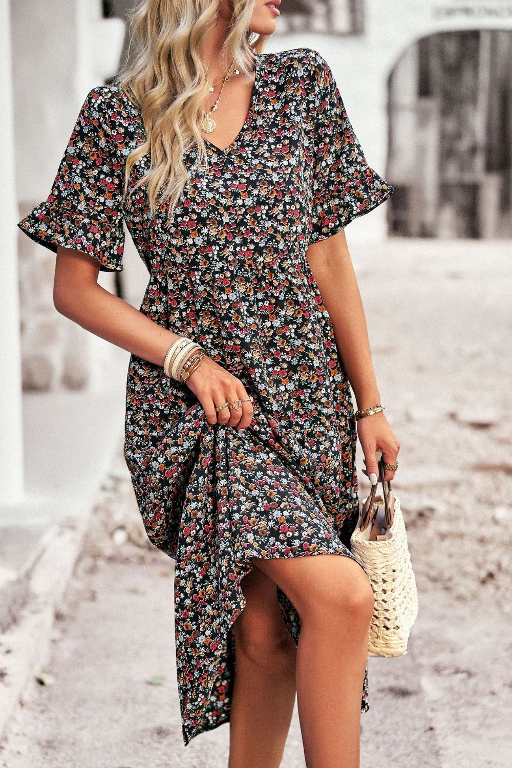 Floral V-Neck Flounce Sleeve Midi Dress