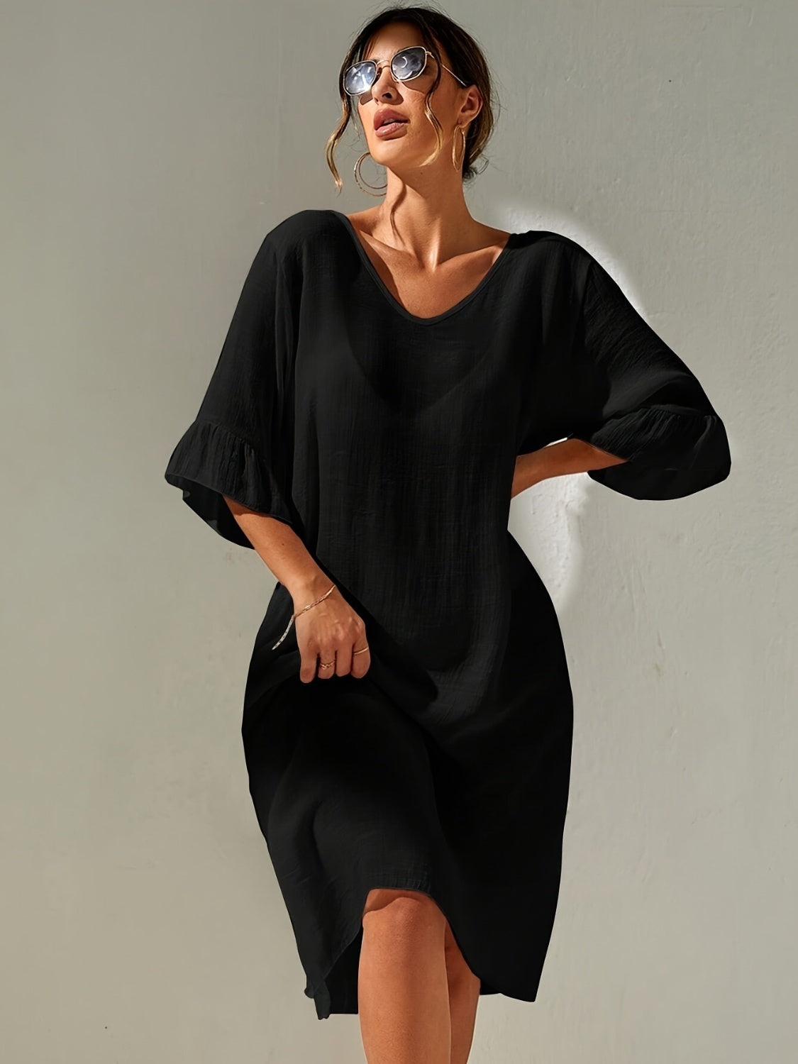 Slit V-Neck Flounce Sleeve Cover-Up