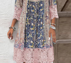 Floral Patchwork Boho Dress with Lace Trim