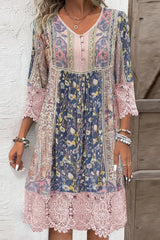 Floral Patchwork Boho Dress with Lace Trim